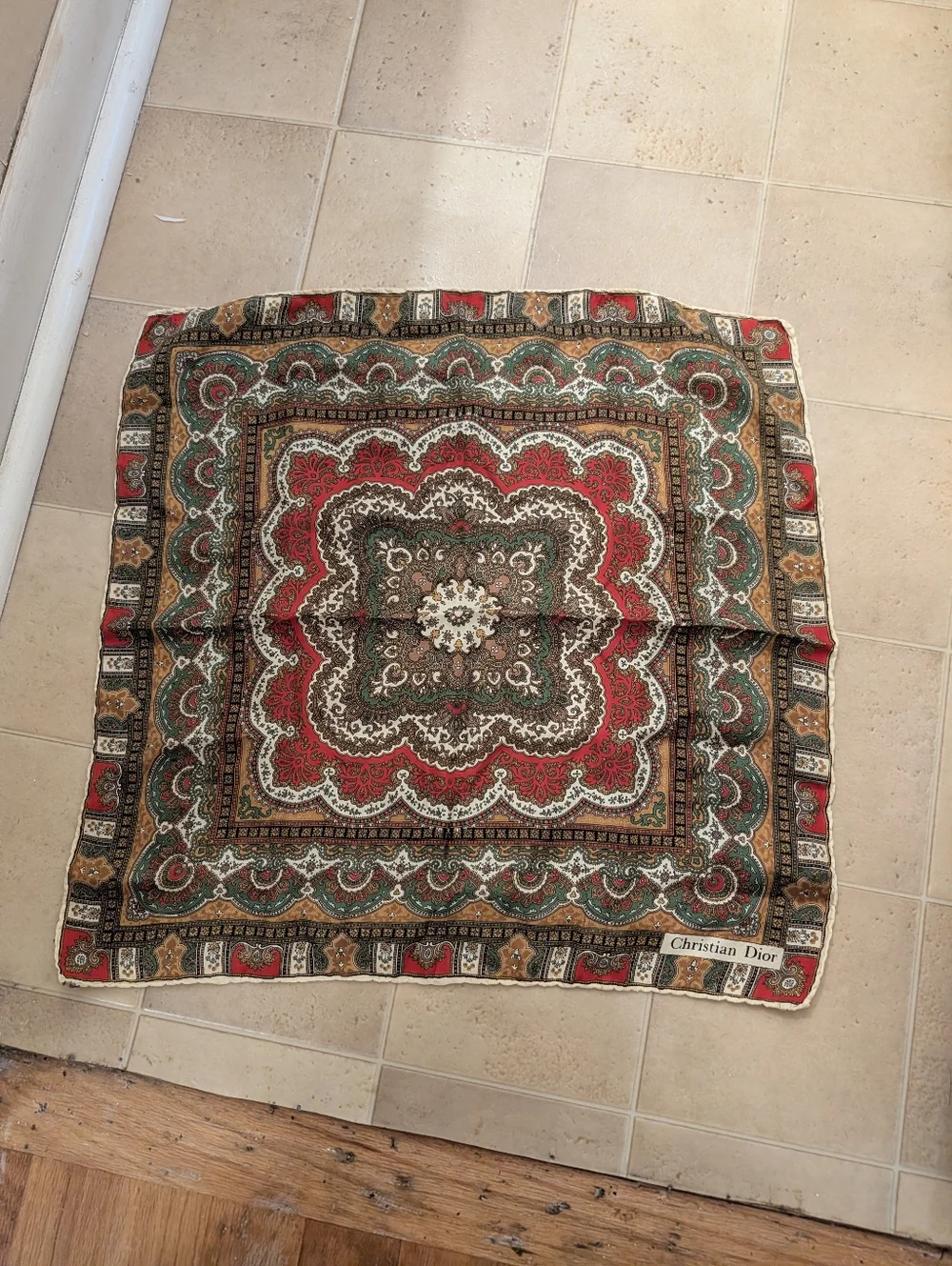 Vintage Silk Christian Dior Neck Scarf in Red, Green & Brown